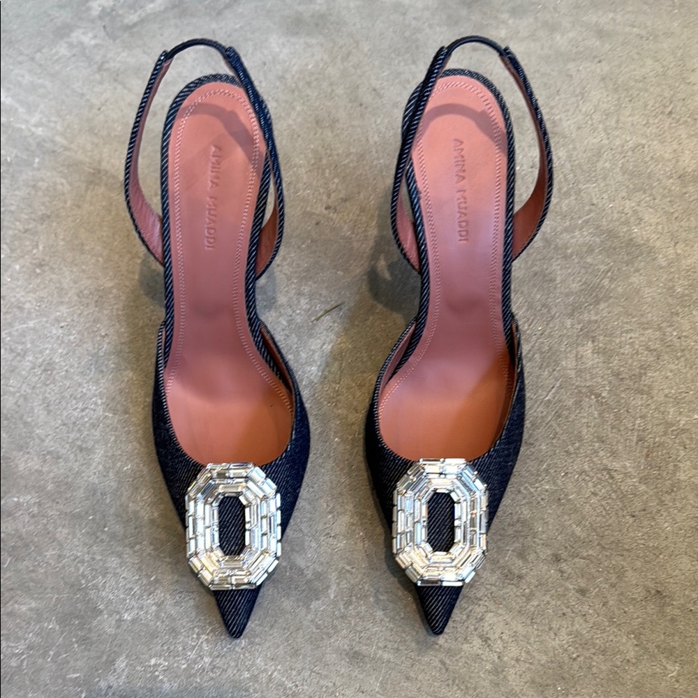 Amina Muaddi dark denim Heels with Silver Embellishment